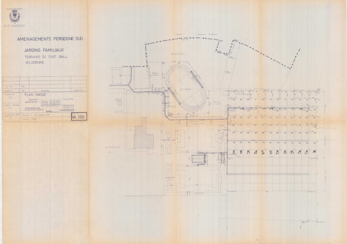 Aménagement Perseigne sud, jardins familiaux, terrains de football, vélodrome, plan masse (Services techniques, éch.1/1000, 18/11/1975, n°VA269) (83.5 x 59.7)