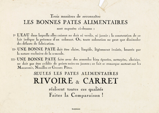 Pâtes alimentaires Rivoire et Carret, publicité : anaglyphes offerts par la marque, lunettes stéréoscopique avec filtre en gélatine couleur (rouge et cyan) pour visualiser les scènes en relief, collection particulière Nicole Renard, don 2005.