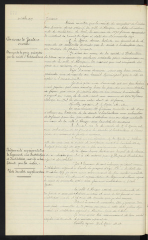 Immeuble Rue de Sarthe n°35, comptoir de l'industrie linière demande de résiliation de bail. Concours de jardins ouvriers, demande de prix présentée par la société d'horticulture. Indemnité représentative de logement aux instituteurs et institutrices mariés n'habitant pas les écoles, vote de crédit supplémentaire