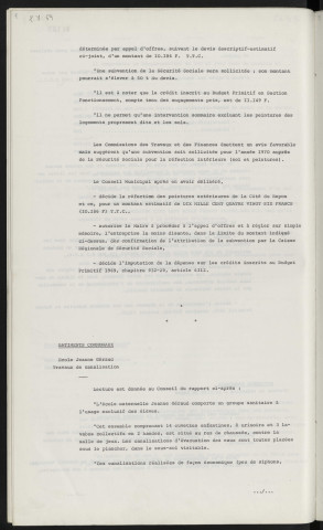 Bâtiments communaux, travaux de réfection à la cité du repos. Bâtiments communaux, école Jeanne Géraud, travaux de canalisation.