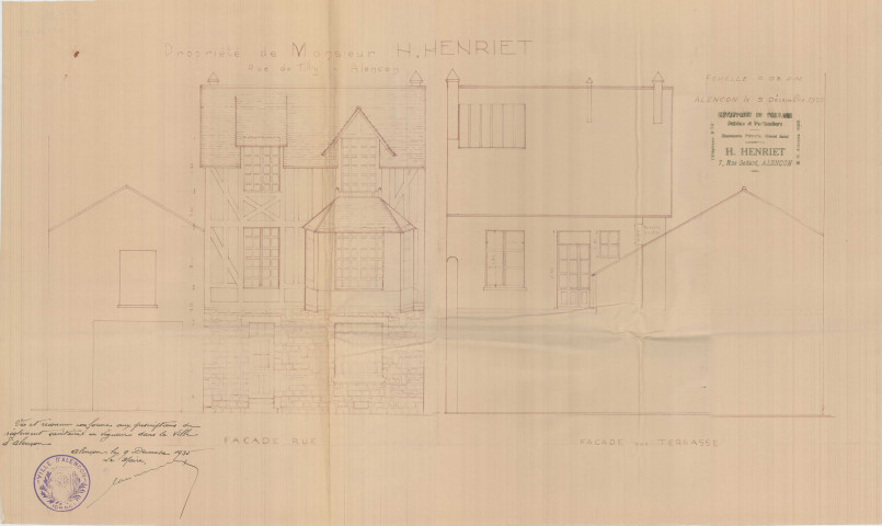 permis de construire n°29, Construction d'une maison d'habitation Rue Tilly Alençon, (date de décision : 1935), (auteur du projet, architecte : HENRIET (propriétaire et entrepreneur)).