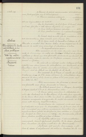 Chemin Vicinaux, budget de 1920, modifications. Arbres, plantation du Boulevard Colbert et des places publiques, vote de crédit supplémentaire, rapport