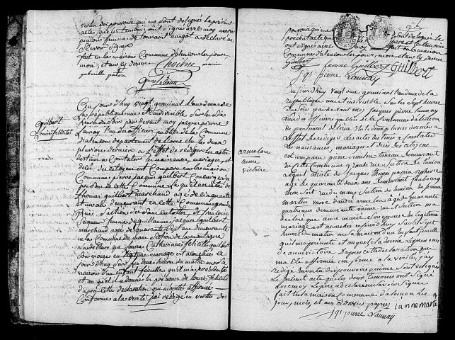 Acte de naissance de MALET Paul Modeste (8 avril 1794),acte de naissance de GUILBERT Louise Félicité (9 avril 1794),acte de naissance de ARMELOU Anne Victoire (11 avril 1794).