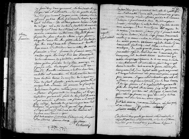 Acte de naissance de OBON Françoise (20 mars 1794),acte de naissance de LARGERIE Pierre Auguste enfant naturel (24 mars 1794),acte de naissance de LECONTE François Nicolas (24 mars 1794).