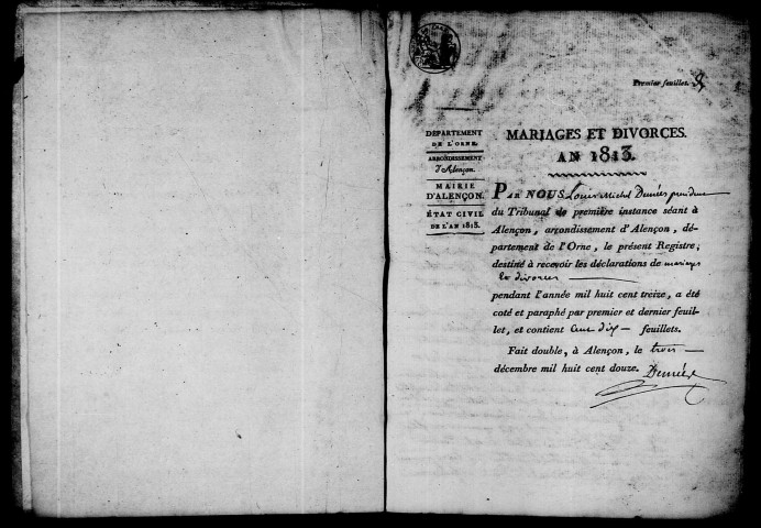 Registre des actes de mariage et divorce (1813).