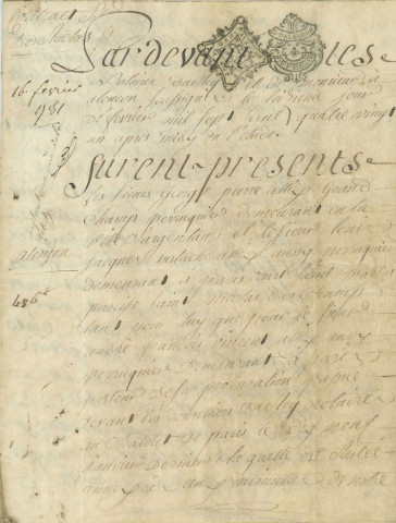 Contrat de vente entre les Sieurs George Pierre Allix GrandChamp, Louis Jacques Eustache Allix et André François Vincent Allix et Jean Desroches Duparc, d'une partie de la maison sise 45-47 rue Cazault (16 février 1781).