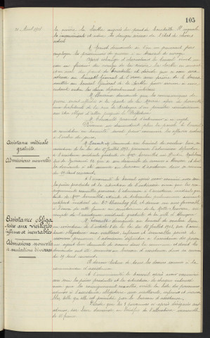 Curage de la rivière "La Sarthe", pont de Courteille, conseil général de la Sarthe, Rue de Bretagne, demande de Mr DEMERET. Assistance médicale gratuite, admissions nouvelles. Assistance obligatoire aux vieillards infirmes et incurables, admissions nouvelles et mutations diverses