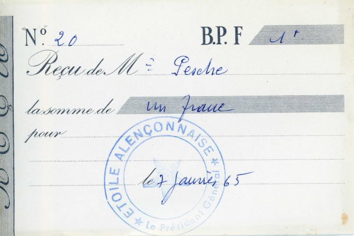 Carte de membre honoraire à l'Étoile Alençonnaise (1964), reçu.