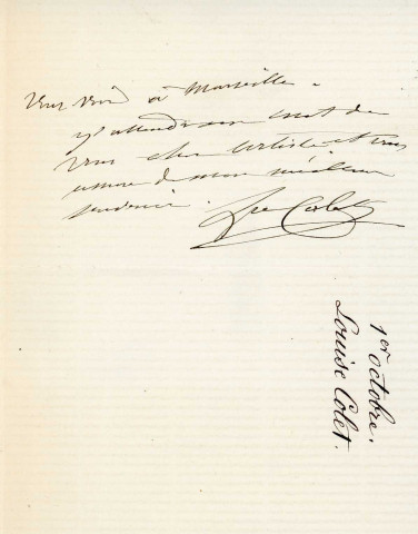 Lettre autographe signée de la femme de lettres Louise Colet au comédien Louis Fortuné Adolphe Laferrière (1872-1873).