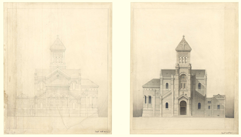 Église Saint Pierre de Montsort, façades antérieure et postérieure, Coisel (éch: 1/100, 52 x 70 cm, 01/12/1875).