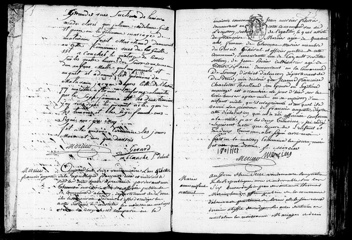 Acte de naissance de FUSI Mathurin Jacques (6 octobre 1795),acte de naissance de MERCIER François Auguste (7 octobre 1795),acte de naissance de FRETTE Marie Anne enfant naturel (8 octobre 1795).