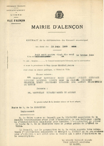 Emplacement du buste de la Sicotière : correspondance, plan, délibération ; demande de subvention : procès-verbal, délibération.