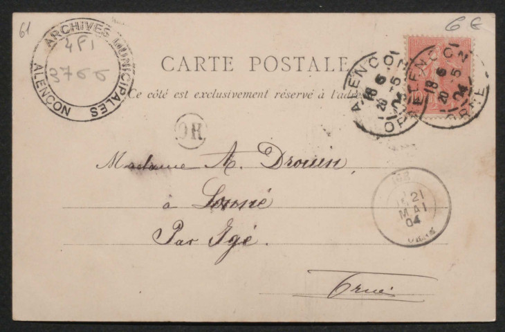 La Normandie, Environs d'Alençon, Condé sur-Sarthe (Orne), Le Moulin, carte postale ancienne noir et blanc n°59, la C.P.A. (Date d'utilisation : 20 mai 1904), (14x9), AMA.