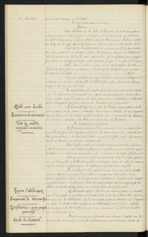 Abattoirs, vote de crédit, supplémentaire. Halle aux Toiles, travaux de serrurerie, Mr HURIPEAU, vote de crédit supplémentaire. Hospice d'Alençon, emprunt de 100000francs, modifications aux projet primitif, avis du conseil
