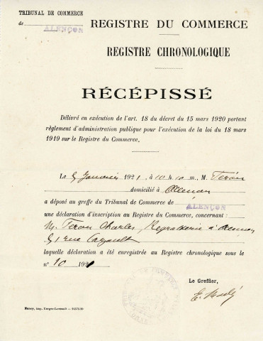 Déclaration d'inscription d'une regratterie 51 rue Cazault à Alençon : récépissé 101921 remis à Charles FÉRON (5 janvier 1921).