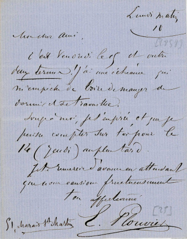 Lettre autographe signée de l'écrivain Edouard Plouvier à l'acteur Adolphe Laferrière (1858).
