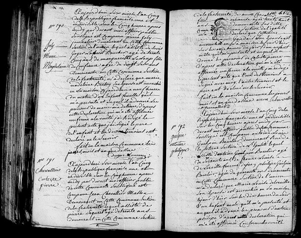 Acte de naissance de JOLY Marie Madeleine (25 décembre 1796),acte de naissance de CHEVALLIER Céleste Pierre (25 décembre 1796),acte de naissance de GUILPIN Antoine Philippe (25 décembre 1796).