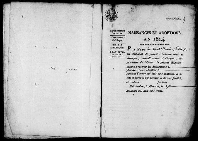 Registre des actes de naissance et adoption (1er janvier - 31 décembre 1814).