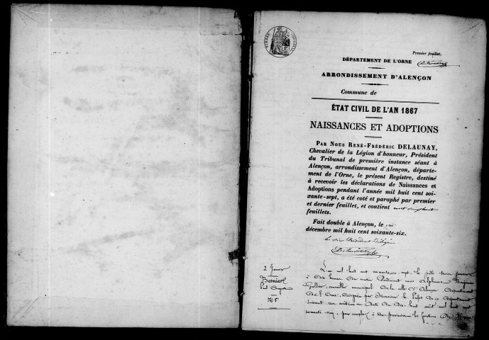 Registre des actes de naissance et adoption (1867).
