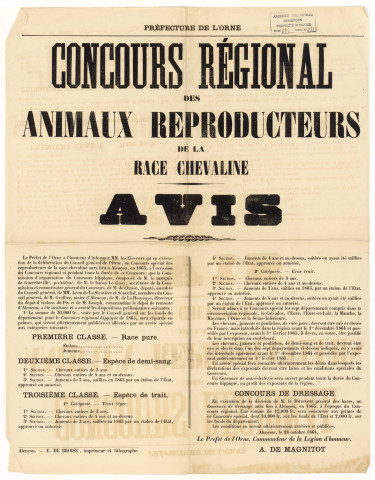Concours régional des animaux reproducteurs de la race chevaline à Alençon (1864) : Avis (imprimeur DE BROISE) ( noir et blanc).