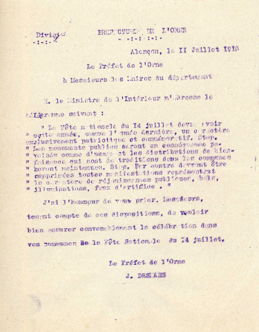 Fête nationale du quatorze juillet 1918, organisation par la commission des fêtes : correspondance.