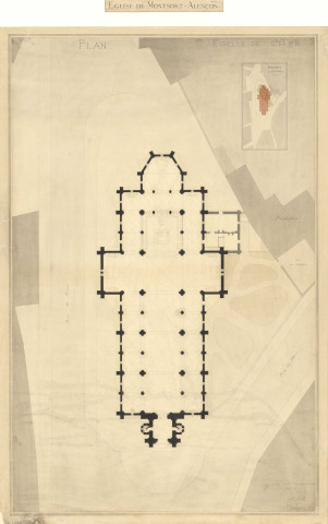 Église Saint Pierre de Montsort, plan de situation, plan, Hédin (éch: 1/100, 82 x 116 cm, 01/12/1875).