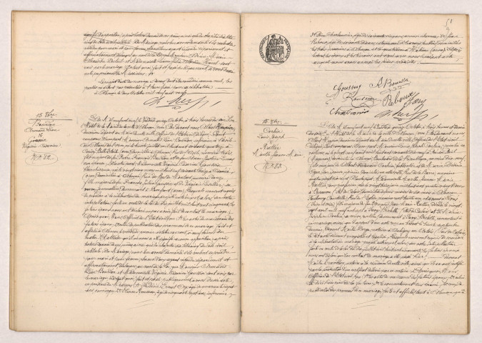 Acte de mariage de BOURDON Armand Léon et GOUSSIN Virginie Césarine (15 octobre 1909), Acte de mariage de COCHIN Louis Joseph et RATTIER Marthe Jeanne Marie (15 octobre 1909).