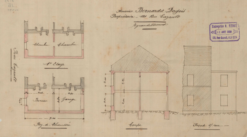 permis de construire n°38, Agrandissement d'une maison d'habitation Rue Cazault Alençon, (date de décision : 11/08/1929), (auteur du projet, architecte : BARRE architecte (intervention de M. MENOT, entrepreneur).