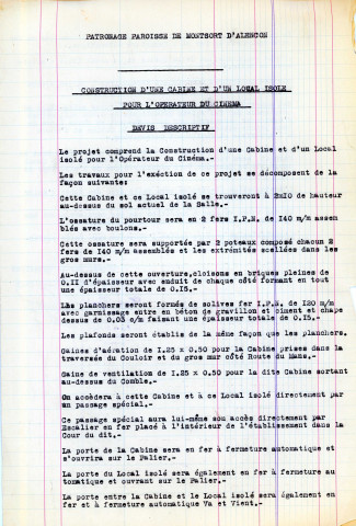 Patronage Paroisse de Montsort, plan de la salle de spectacles (éch : 0.01, 29 décembre 1941).