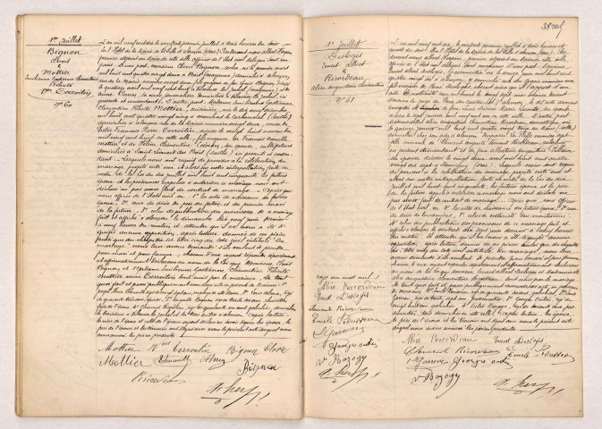 Acte de mariage de BIGNON Clovis et MOTTIER Emilienne Gastienne Clémentine Félicité veuve TERROITIN (01 juillet 1810), Acte de mariage de DESLOGÉS Ernest Albert et RICORDEAU Alice Augustine Clémentine (01 juillet 1810).