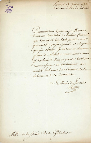Lettre signée de Jérôme Petion de Villeneuve, maire de Paris à la section des Gobelins (18 juillet 1792).