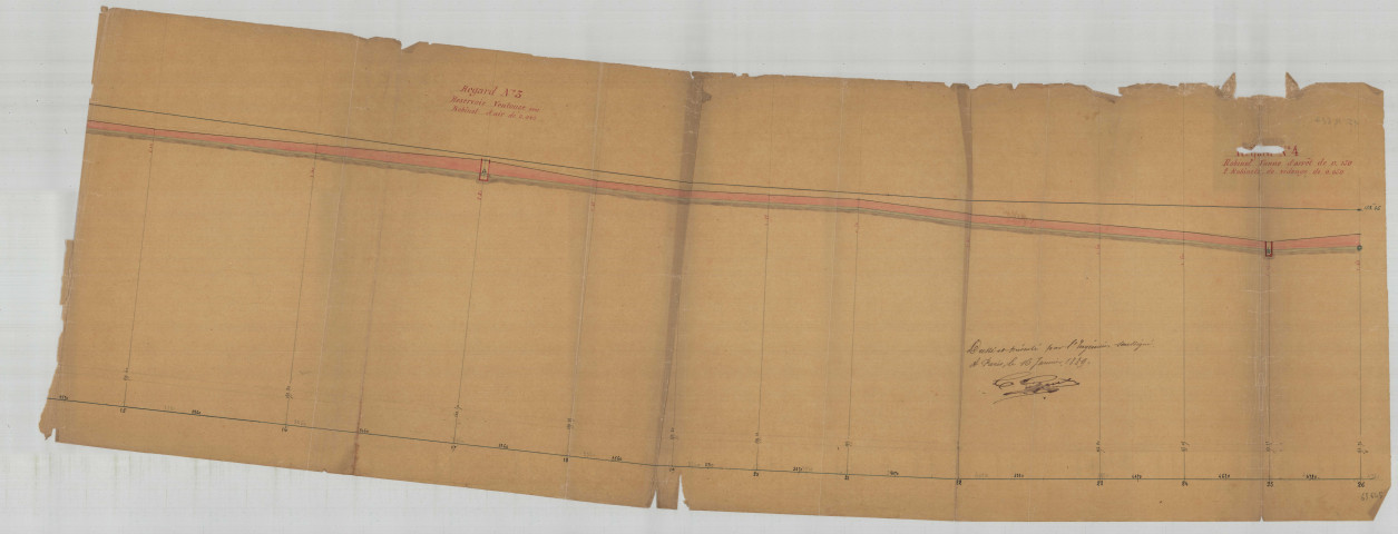 Alençon, projet de distribution d'eau, profils des canalisations regards et robinets (16 janvier 1889) (Charles Gibault).