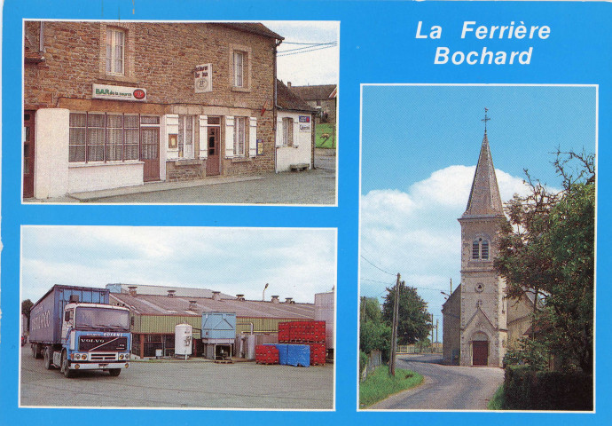 La Ferrière-Bochard (Orne), l'église, le café de la source (l'annexe), transport des eaux de source Roxane, carte postale moderne multivues n°95/61, (clichés J.Alix), éditions Dubray, Conches, sd, (15x10,5), AMA.