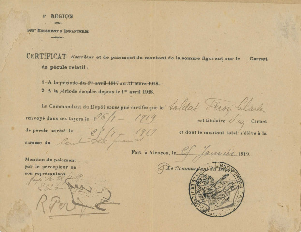 Certificat d'arrêté et de paiement de pécule (25 janvier 1919).