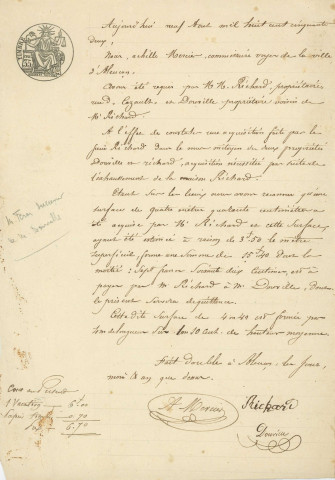 Acquisition du Sieur Richard dans le mur mitoyen séparant la propriété des Douville et Richard (9 août 1852).