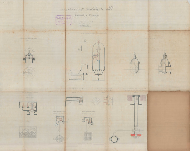 Alençon, projet de distribution d'eau, appareils de fontainerie (16 août 1885) (Charles Gibault) ; pland'une borne-fontaine avec robinet d'incendie, robinet, vanne, prise d'eau avec collier à lunette avec robinet d'arrêt percé à décharge sous bouche à clé, robinet à boisseau en bronze, modèle de la ville de Paris, bouche d'arrosage, bouche d'incendie, bonde de fond de réservoir