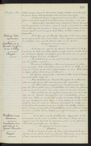 Cimetières, demande de construction d'abris, cimetières Notre-Dame, rapport. Boîte aux lettres supplémentaire, installation Rue de Lancrel à l'angle de la Rue de Tilly et du Boulevard Mézeray, rapport. Distribution d'eau concessions, canalisation d'une partie de la Rue du Général Fromentin, maisons de M. Edam partant du n°45 et 47, bassin d'équilibre Boulevard de Strasbourg, difficulté d'eau Rue St Blaise, ingénieur en chef des ponts et chaussées M. PRED'HUMEAU, rapport
