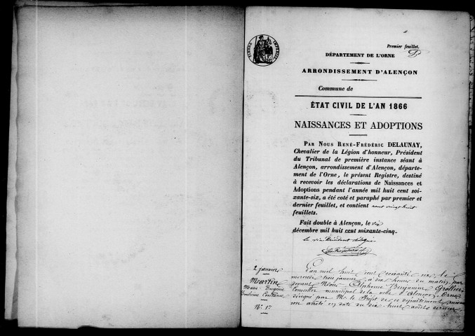 Registre des actes de naissance et adoption (1866).
