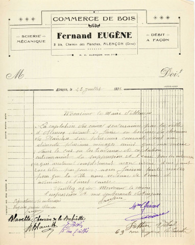 Adduction complémentaire d'eau potable pour la ville d'Alençon, tarissement des puits chemin des Planches suite au forage, plaines, pétition des riverains, demande de branchement sur la nouvelle canalisation (23 juillet 1933-18 juin 1935) : correspondance, rapport.