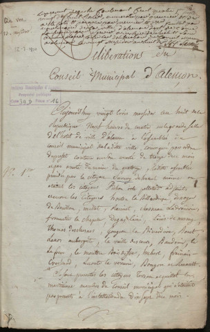 Registre des délibérations du conseil municipal (23 messidor an VIII/12 juillet 1800-03 juin 1806).