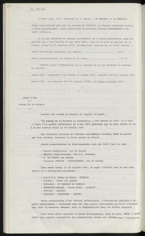 Eau, conventions avec les communes limitrophes, tarif et révision des prix, Mr MALNOU adjoint technique. Cours d'eau, curage de la Briante, riverains qui souhaitent le faire eux-mêmes Centre Hospitalier rue de Sarthe, hôpital psychiatrique rue A.M. Javouhey, Mr LE PRINCE rue Julien, consorts SAGNIER ESCHBRAECHER, rue de Balzac. Appel d'offres S.A.C.E.R. route de Paris Alençon, VITRANT Condé sur Sarthe, SCELLAND Saint-Germain-du-Corbeis, BERTHELOT-BRIAND place Bonet Alençon, POTTIER Damigni, CHAPLAIN Champagné Sarthe.
