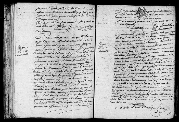 Acte de naissance de CHOISNE Jean François (22 janvier 1796),acte de naissance de TREGAL Charlotte Antoinette (22 janvier 1796),acte de naissance de TISON Théodore Léonard (22 janvier 1796).
