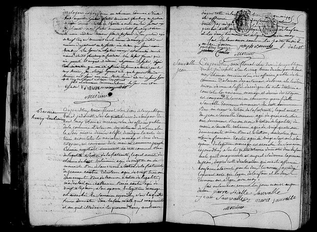 Acte de naissance de GUIBERT Sophie (24 avril 1795),acte de naissance de BESNIER Henri Ambroise (30 avril 1795),acte de naissance de SAUVALE Jean (30 avril 1795).