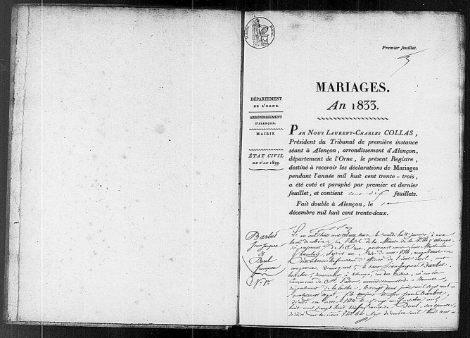 Registre des actes de mariage (1833).