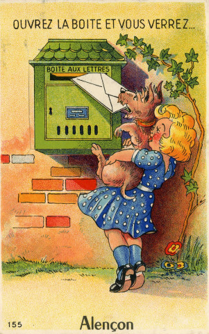 Alençon (Orne), "Ouvrez la boite et vous verrez Alençon, carte postale humoristique à système couleur n°155, Artaud père et fils, éditeur, Nantes, éditions Gaby, sd, (14x9), AMA.