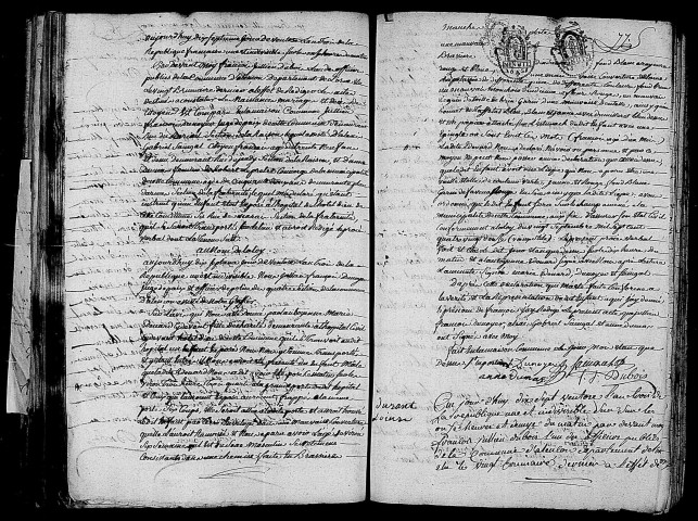 Acte de naissance de François enfant trouvé (7 mars 1795),acte de naissance de DURANT Louise (6 mars 1795).