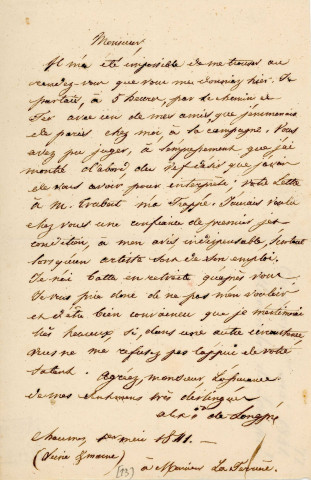Lettre autographe signée de l'écrivain Alexandre Longpré à l'acteur Adolphe Laferrière (1er mai 1841).
