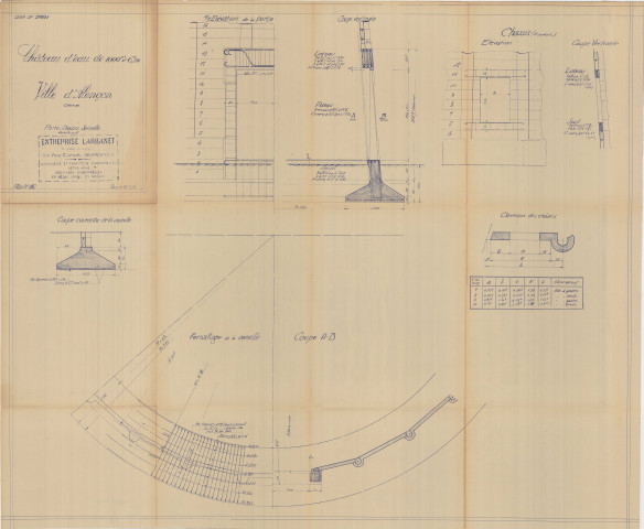 Construction d'un château d'eau de 1000m3, porte, chassis, semelle : élévation, coupes coupes, plans(Larbanet, éch : 1/200, plan n°16, 18 juillet 1936).