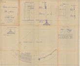Construction d'un château d'eau de 1000m3, porte, chassis, semelle : élévation, coupes coupes, plans(Larbanet, éch : 1/200, plan n°16, 18 juillet 1936).
