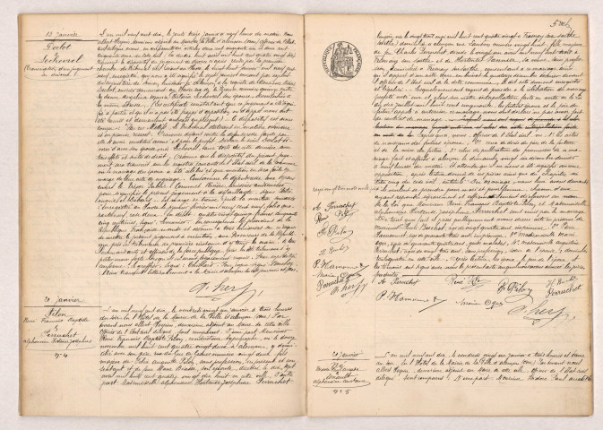 Transcription d'un arrêt de divorce de DOCLOT Désiré et LECHEVREL Angélina Maria Victoria (13 janvier 1910), Acte de mariage de PILON René François Baptiste et PERRUCHET Alphonsine Hortence Josephine (21 janvier 1910), Acte de mariage de NÉ Isidore André Arcade et ESNAULT Alphonsine Constance (21 janvier 1910).